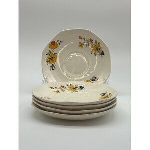Set of 5 Homer Laughlin 6" Floral Bone China Saucers, Cream/Yellow/Red 1960's